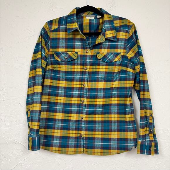 LL Bean Yellow Blue Plaid Button Down Shirt Womens L Casual Classic Flannel Fall - Picture 1 of 10